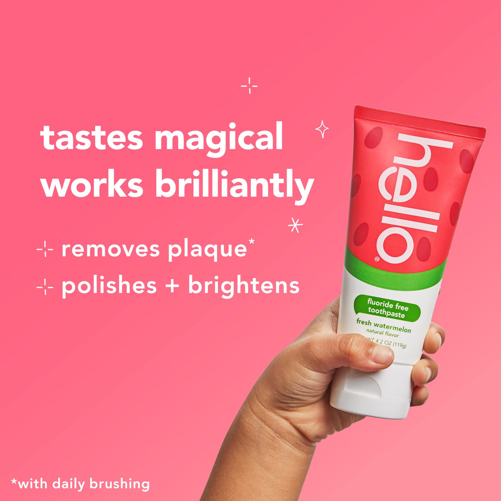 Hello Fresh Watermelon toothpaste ingredient label noting gluten-free and absence of artificial additives.