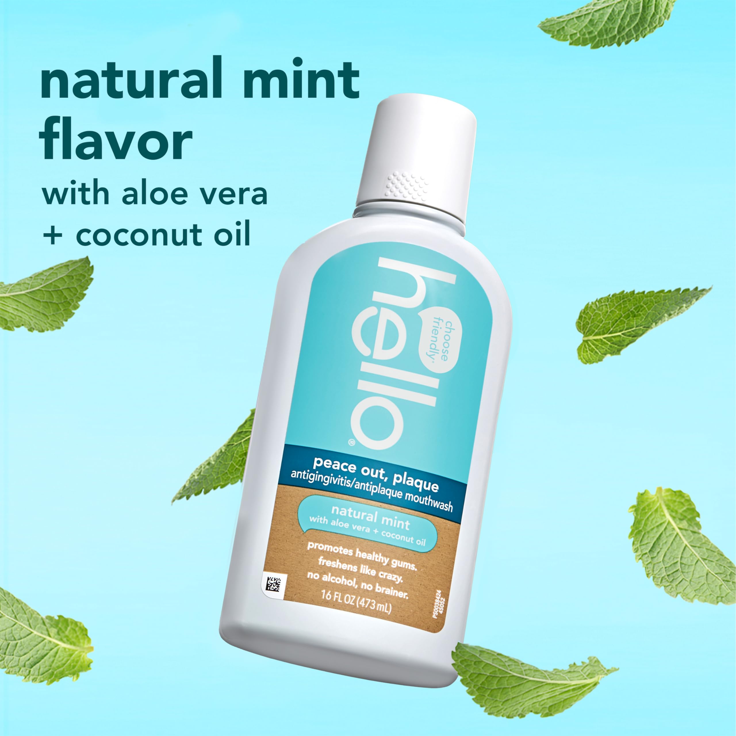 Close-up of Peace Out mouthwash label highlighting alcohol-free formula.