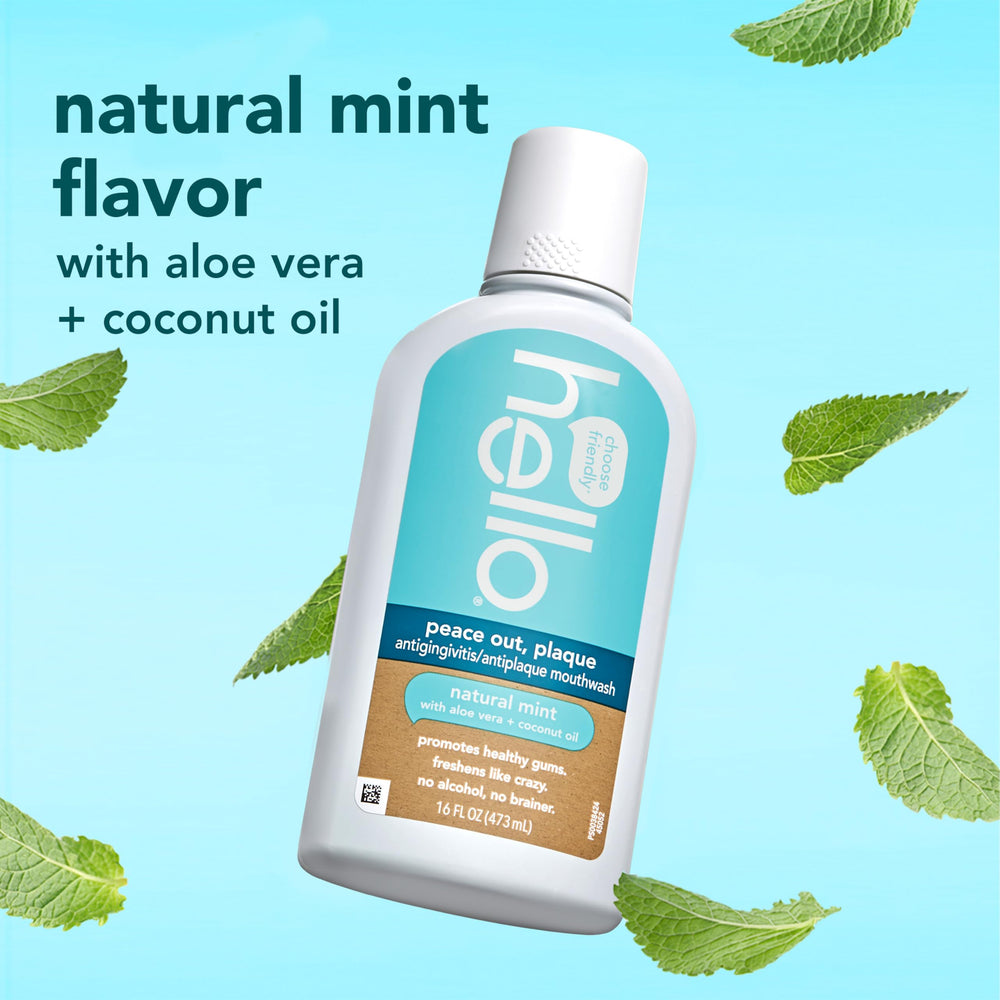 Close-up of Peace Out mouthwash label highlighting alcohol-free formula.