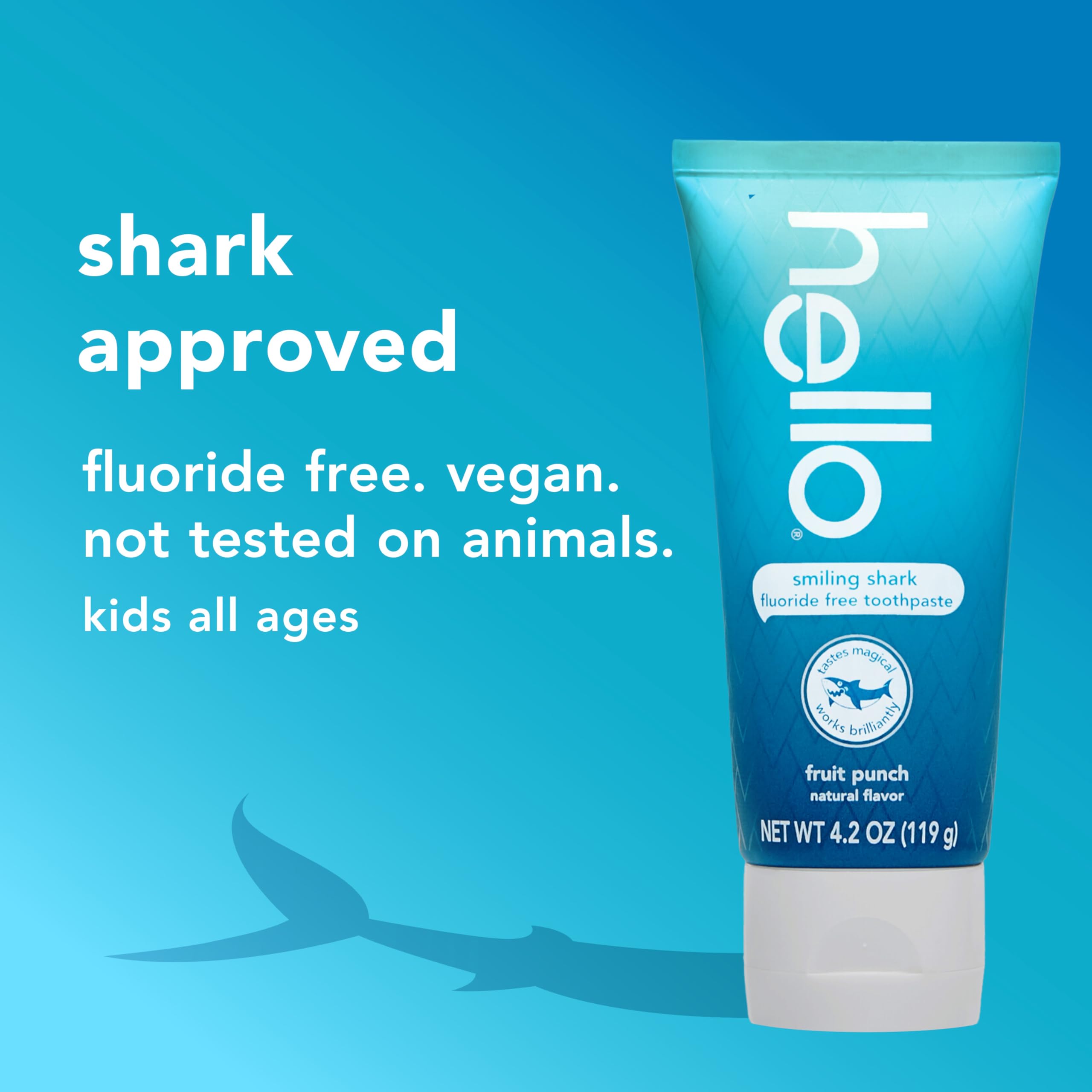 4.2 oz Hello Smiling Shark toothpaste tube shown close-up.
