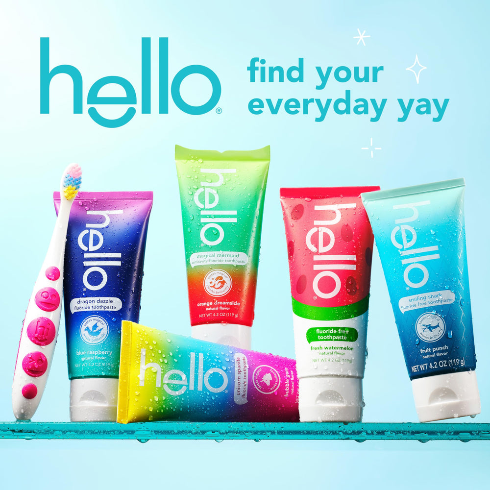 Hello Smiling Shark fruit punch flavor splash illustrates a kid-friendly toothpaste experience.