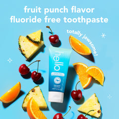 Hello Smiling Shark kid brushing scene highlights fluoride-free safety for gentle cleaning.