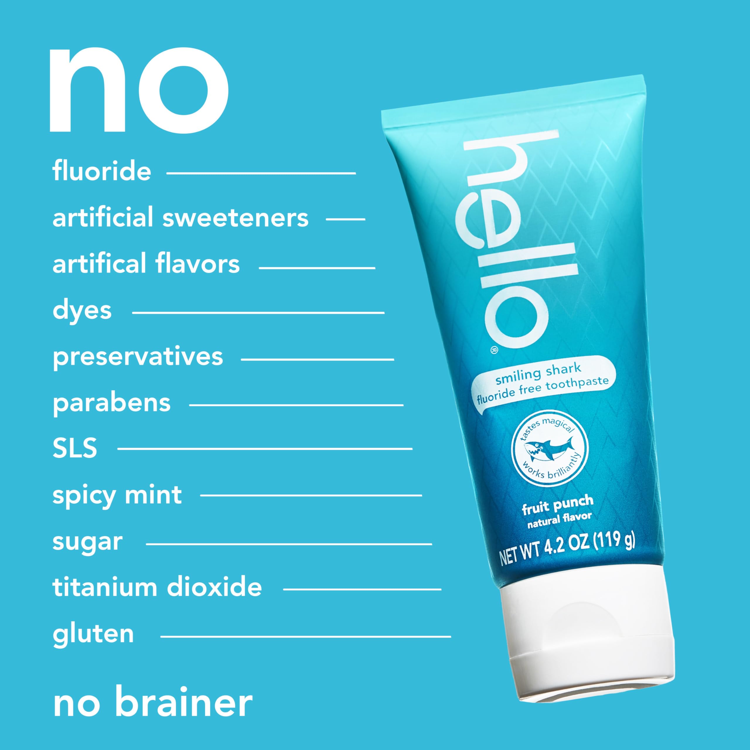Hello Smiling Shark packaging display communicates gluten-free and paraben-free ingredients.