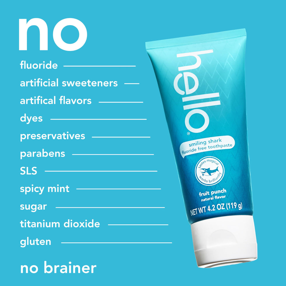 Hello Smiling Shark packaging display communicates gluten-free and paraben-free ingredients.