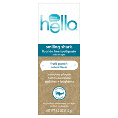 Hello Smiling Shark toothpaste tube in fruit punch flavor promotes kid-friendly brushing.