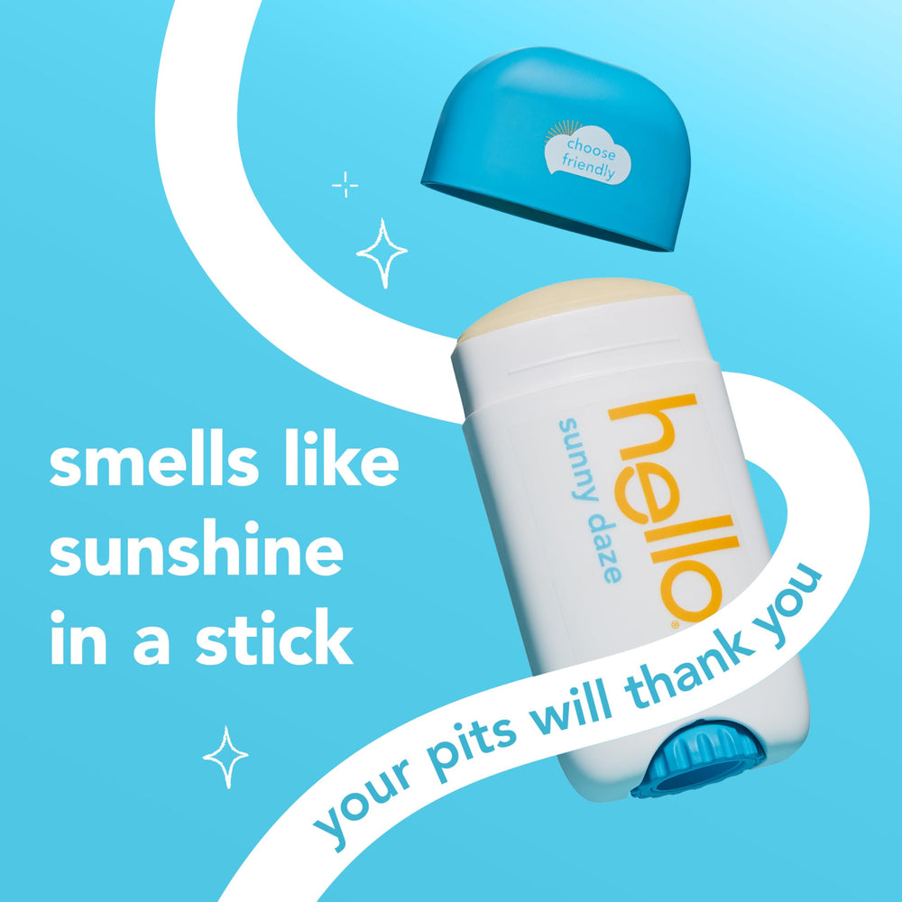 Hello Sunny Daze deodorant stick in application pose highlighting smooth glide