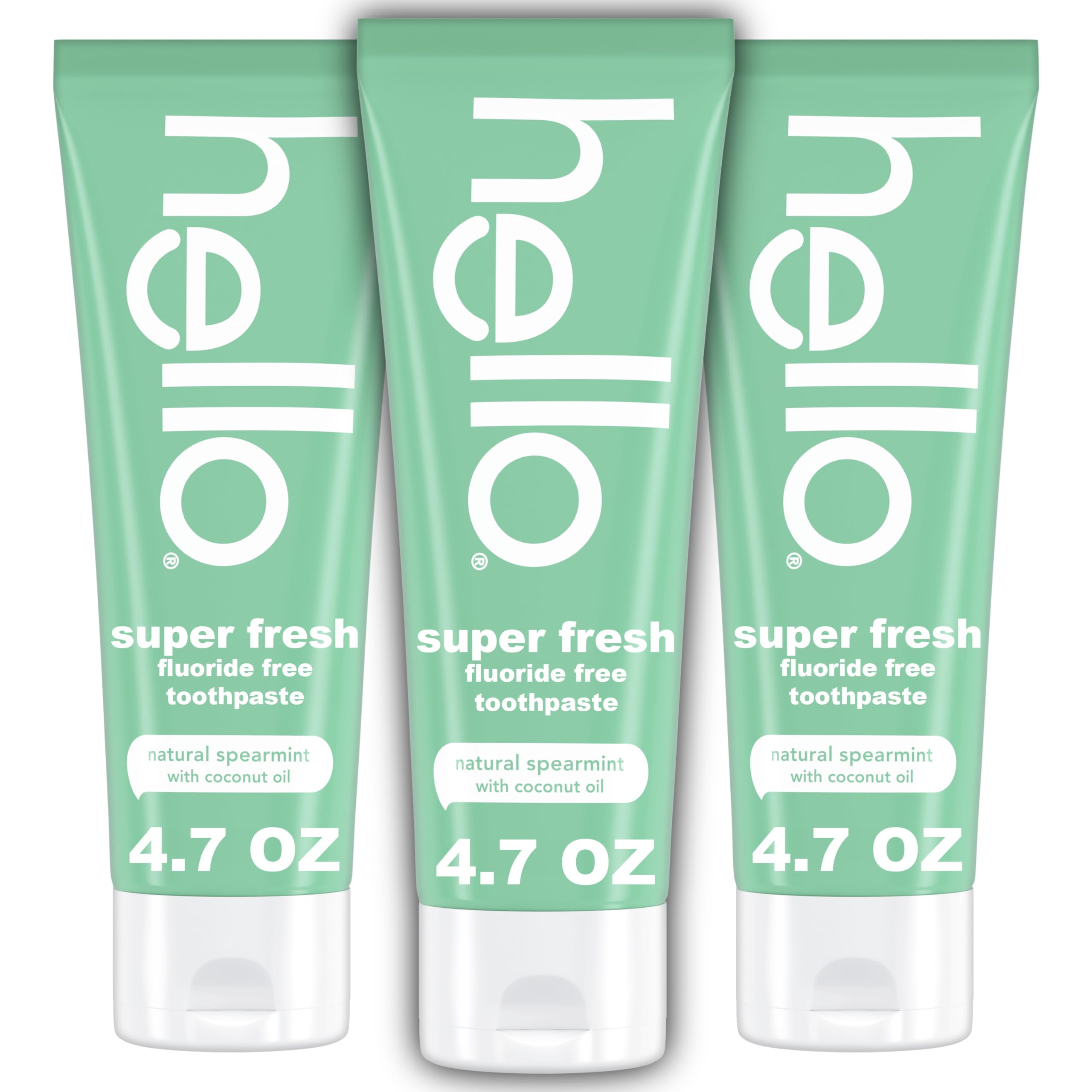 Hello Super Fresh toothpaste tube close-up shows fluoride-free formula for daily freshness.