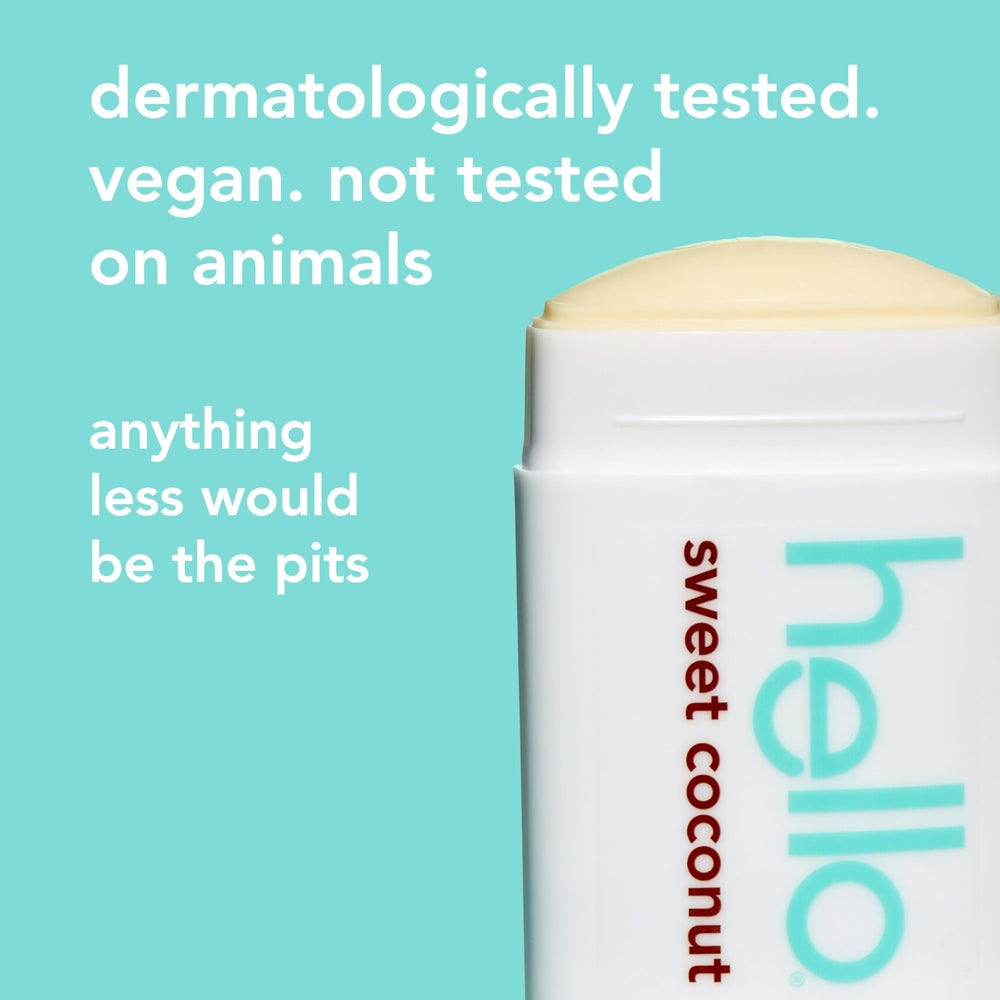 Label on Hello Sweet Coconut deodorant showing aluminum-free and dye-free formula.