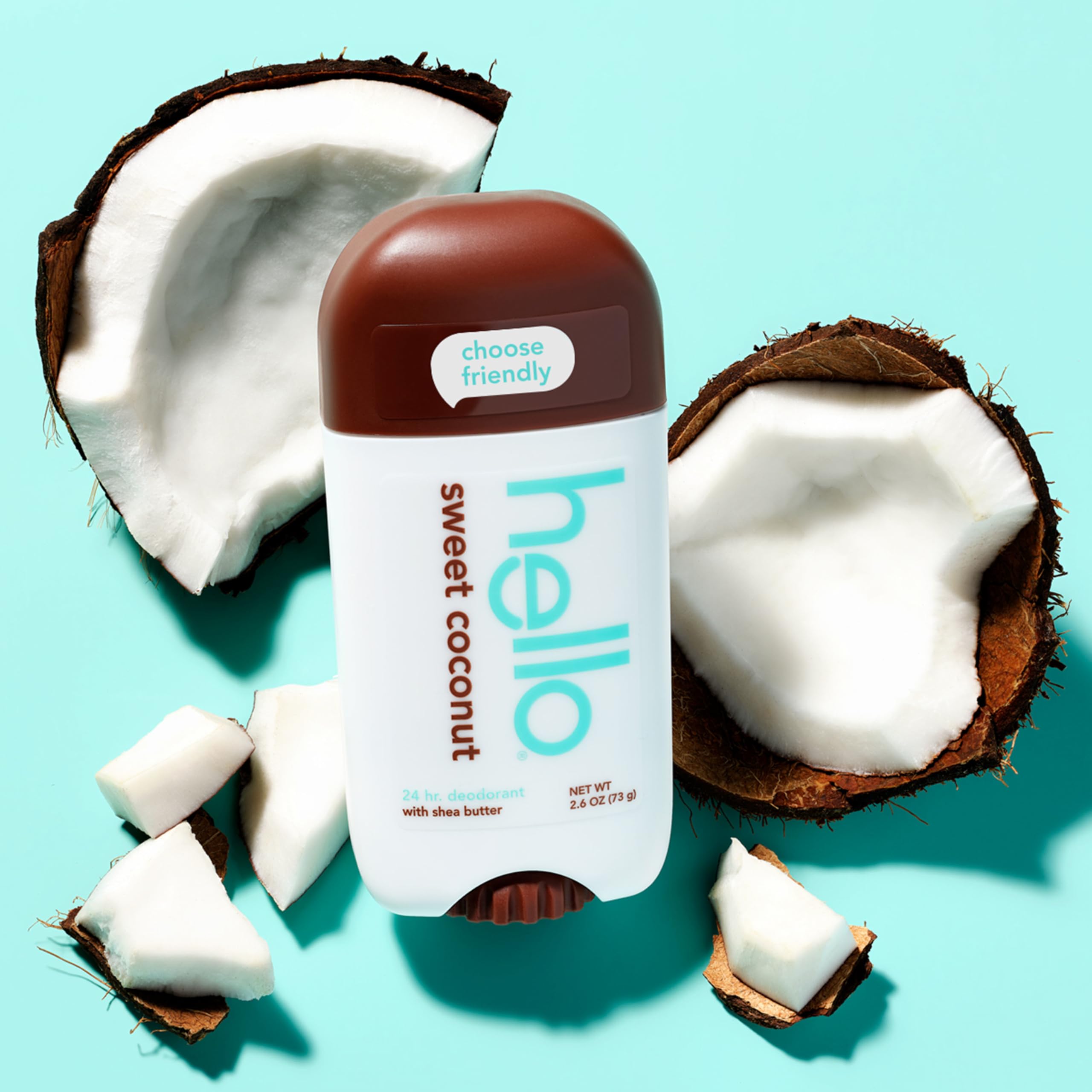 Dermatologist-tested mark on Hello Sweet Coconut deodorant for sensitive skin.