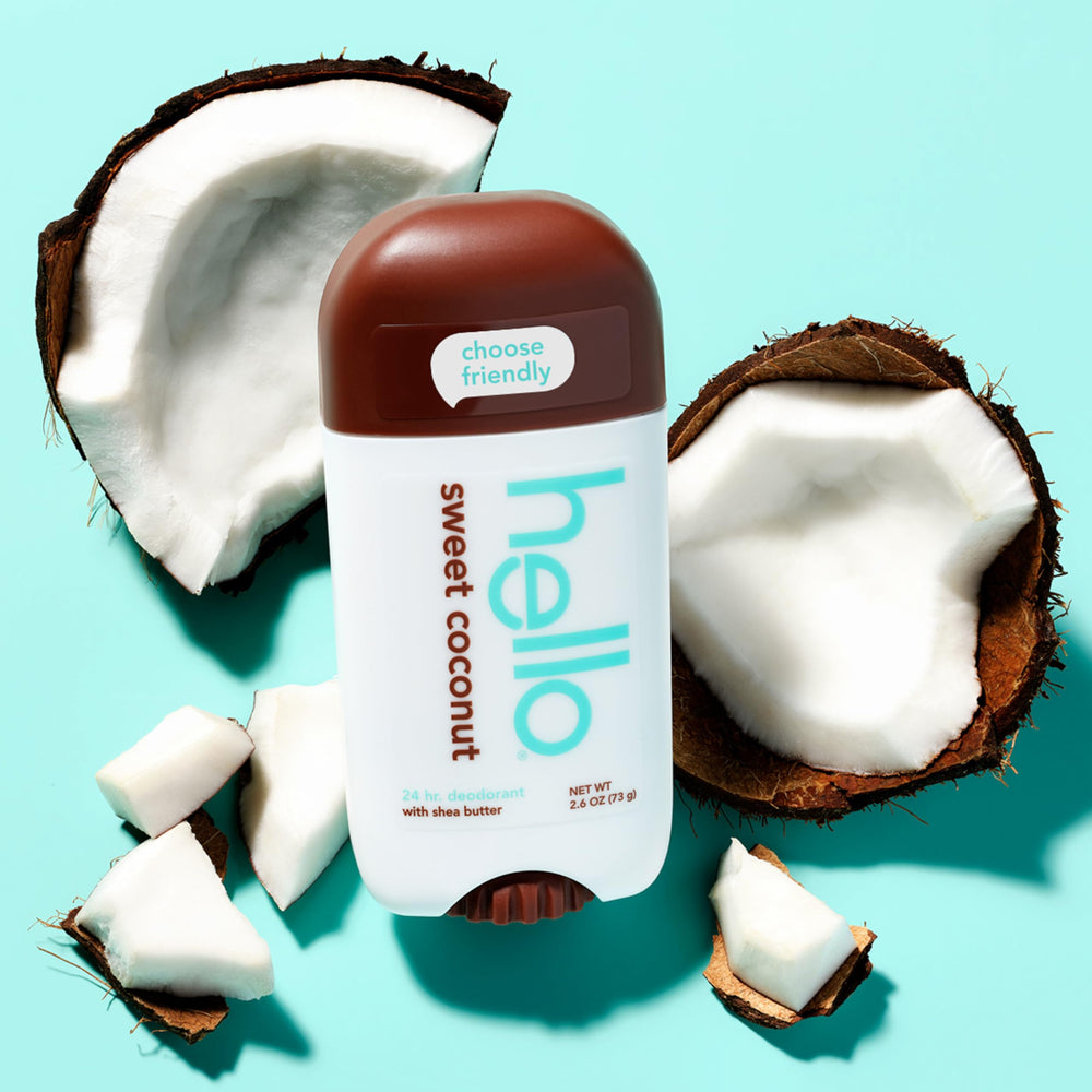 Dermatologist-tested mark on Hello Sweet Coconut deodorant for sensitive skin.
