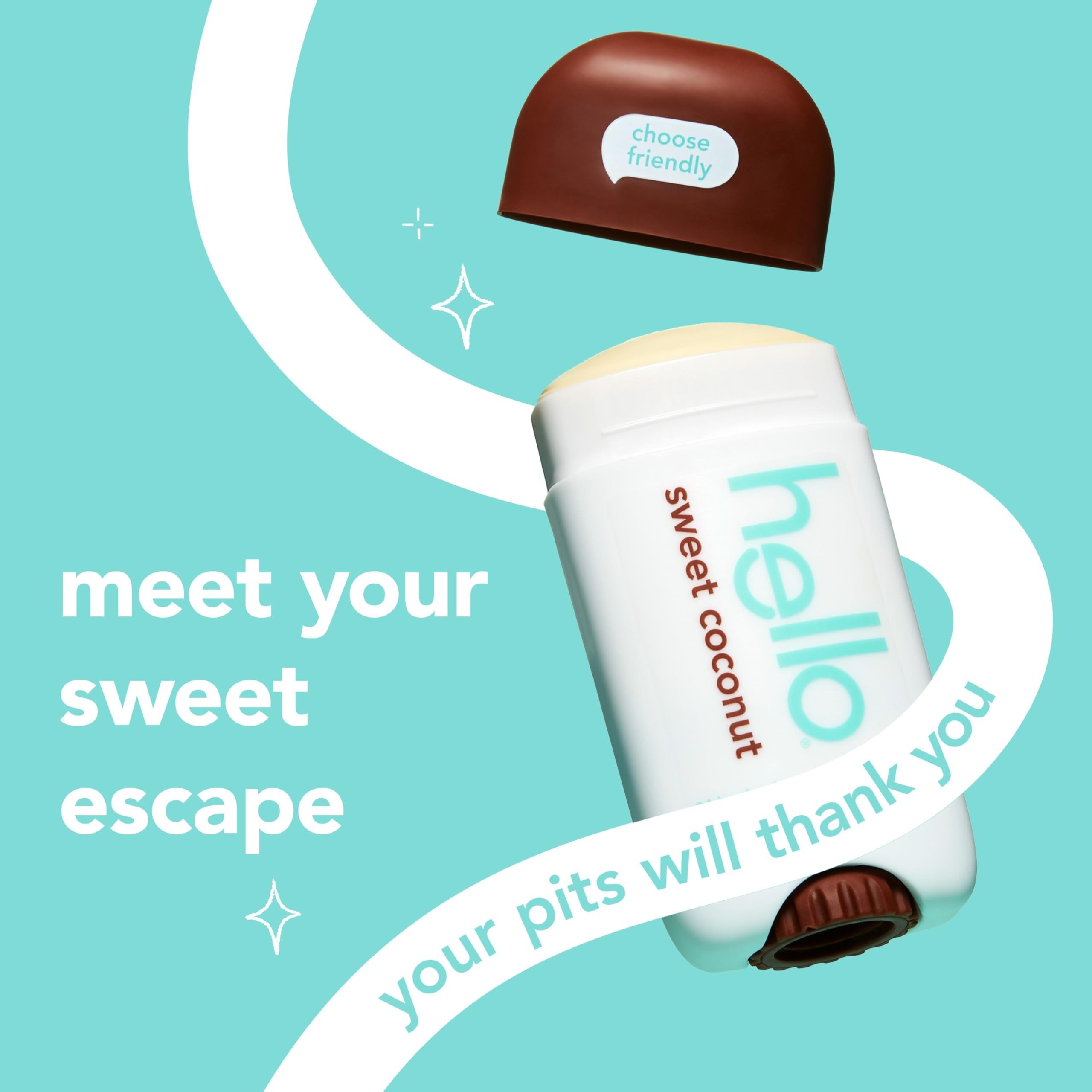 Hello Sweet Coconut deodorant stick close-up, creamy glide for easy application.