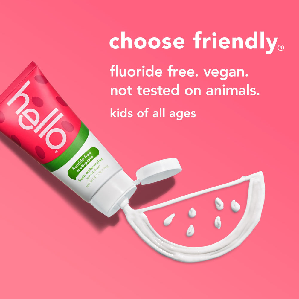 Hello Fresh Watermelon toothpaste used as toddler brushing training aid.