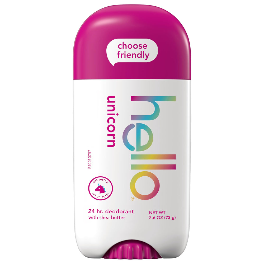 Hello Unicorn 2.6 oz stick packaging—compact travel-friendly.