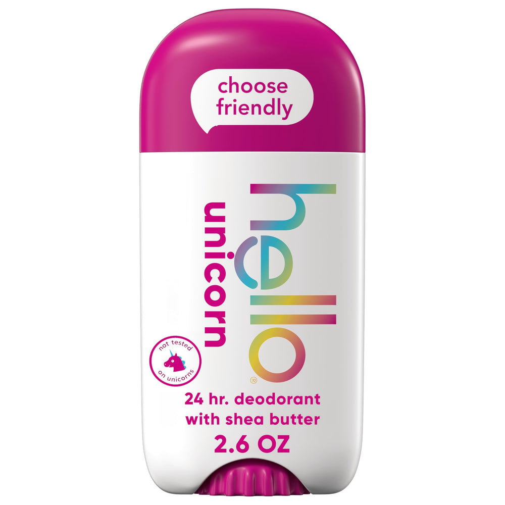 Hello Unicorn aluminum-free deodorant bottle with clean design for all-day freshness.