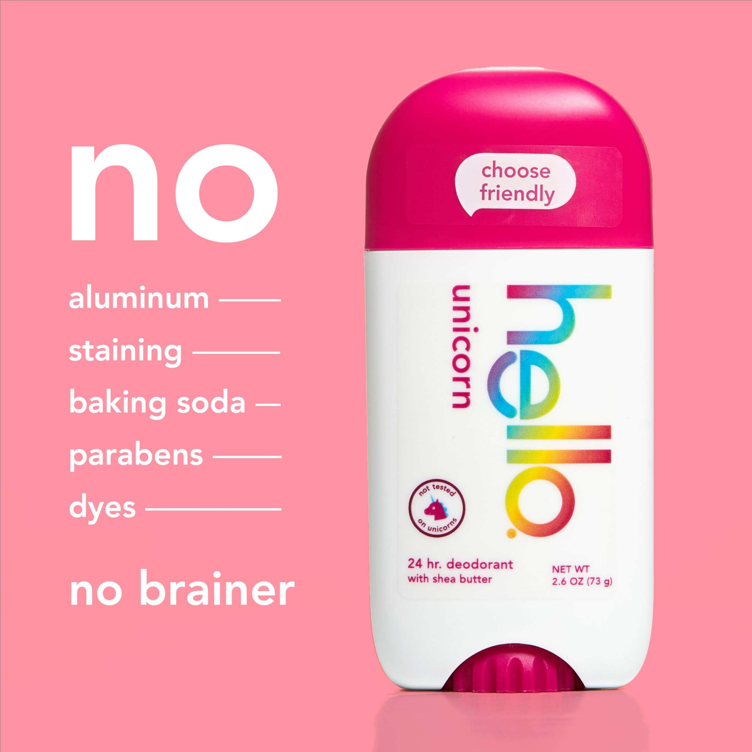Hello Unicorn dye-free formula back label—irritation-free daily wear.