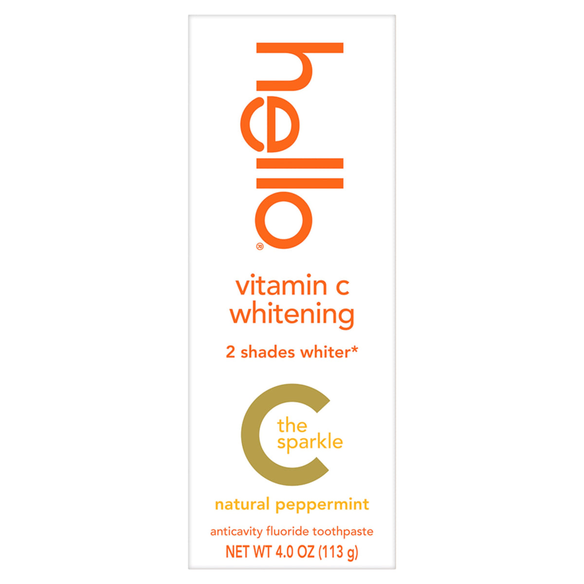Hello Vitamin C whitening toothpaste bottle shows mint flavor and fluoride protection.