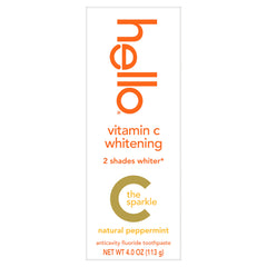 Hello Vitamin C whitening toothpaste bottle shows mint flavor and fluoride protection.