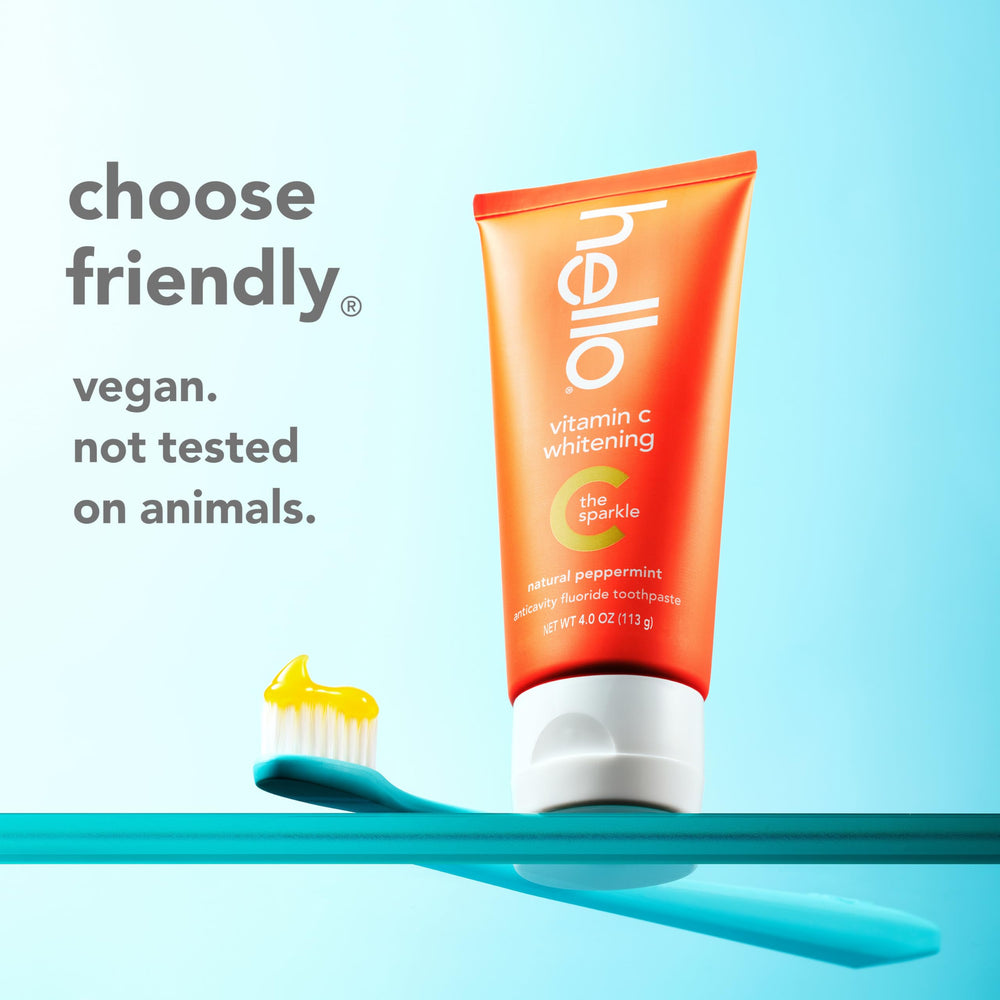 Hello Vitamin C whitening toothpaste packaging back lists ingredients and benefits.