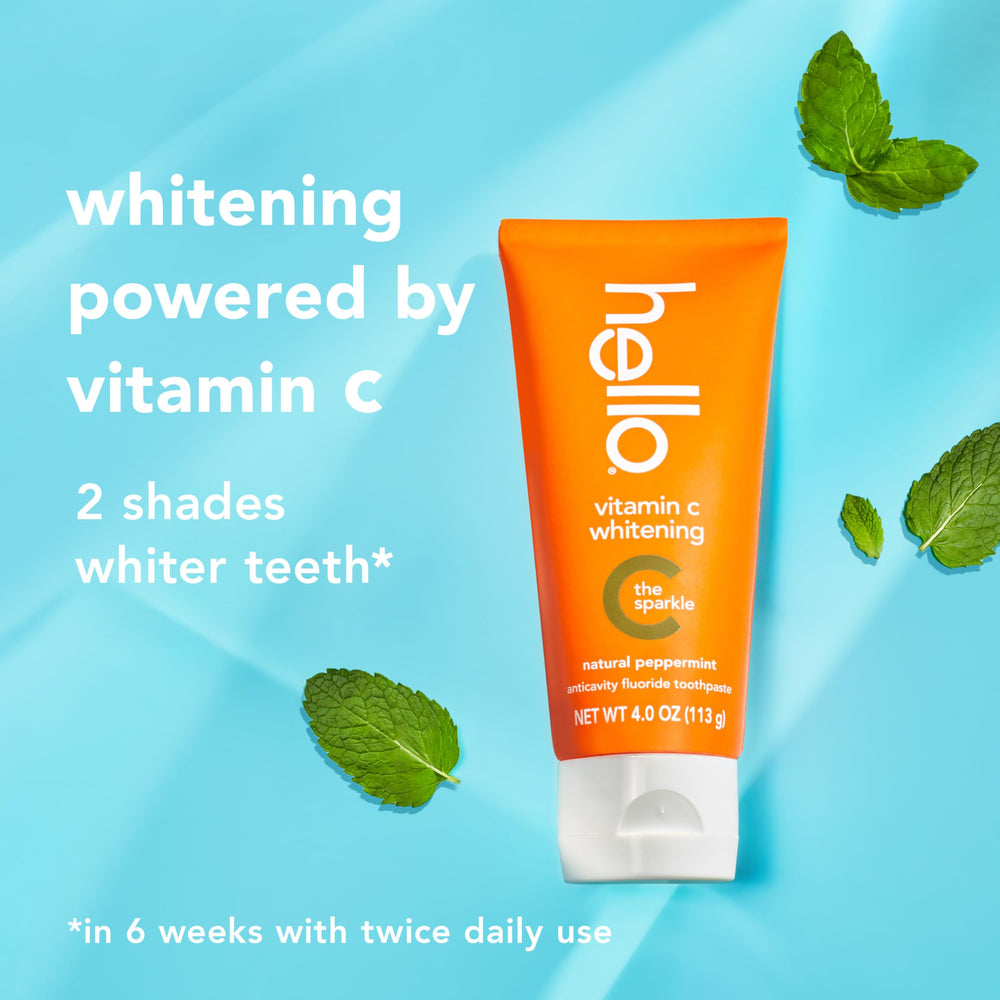 Hello Vitamin C whitening toothpaste packaging front shows natural peppermint aroma.