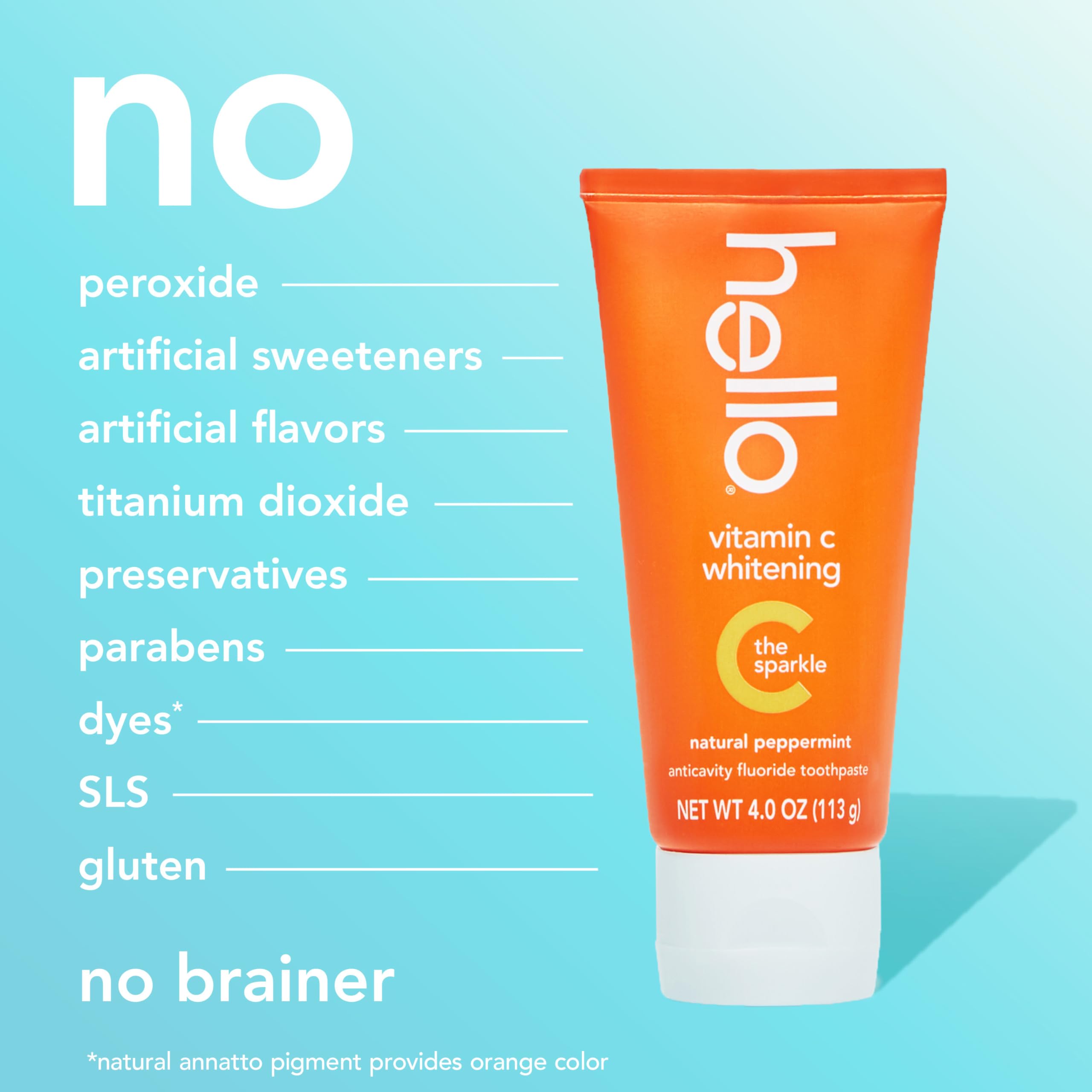 Hello Vitamin C whitening toothpaste portrait emphasizes premium peppermint flavor.