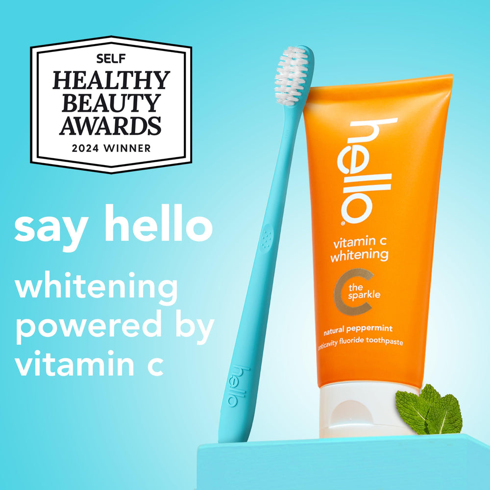 Hello Vitamin C toothpaste tube closeup highlights no peroxide formula.