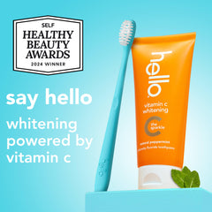 Hello Vitamin C toothpaste tube closeup highlights no peroxide formula.