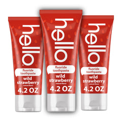 Hello Wild Strawberry Kids Toothpaste 3-pack tubes for family brushing.