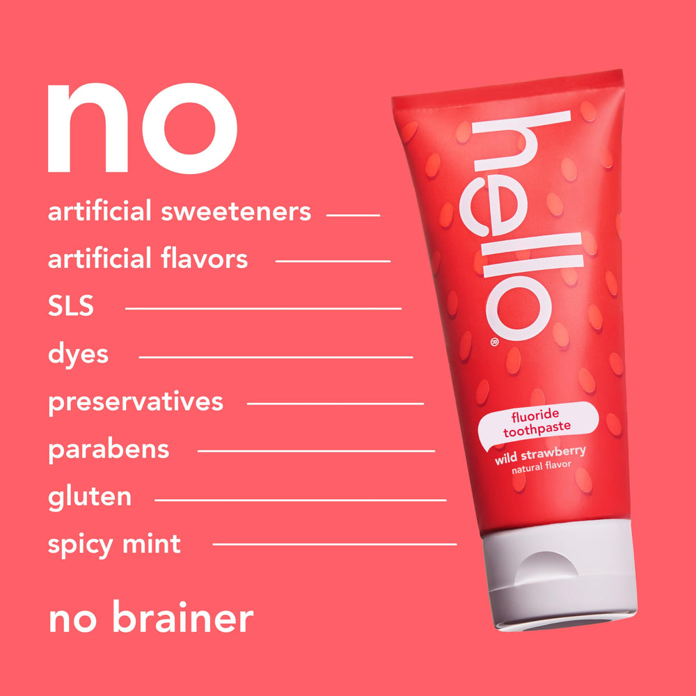 Hello Wild Strawberry toothpaste labeled for ages 2 plus icon visible.