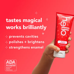 Hello Wild Strawberry toothpaste tube with swirls of flavor emphasis.