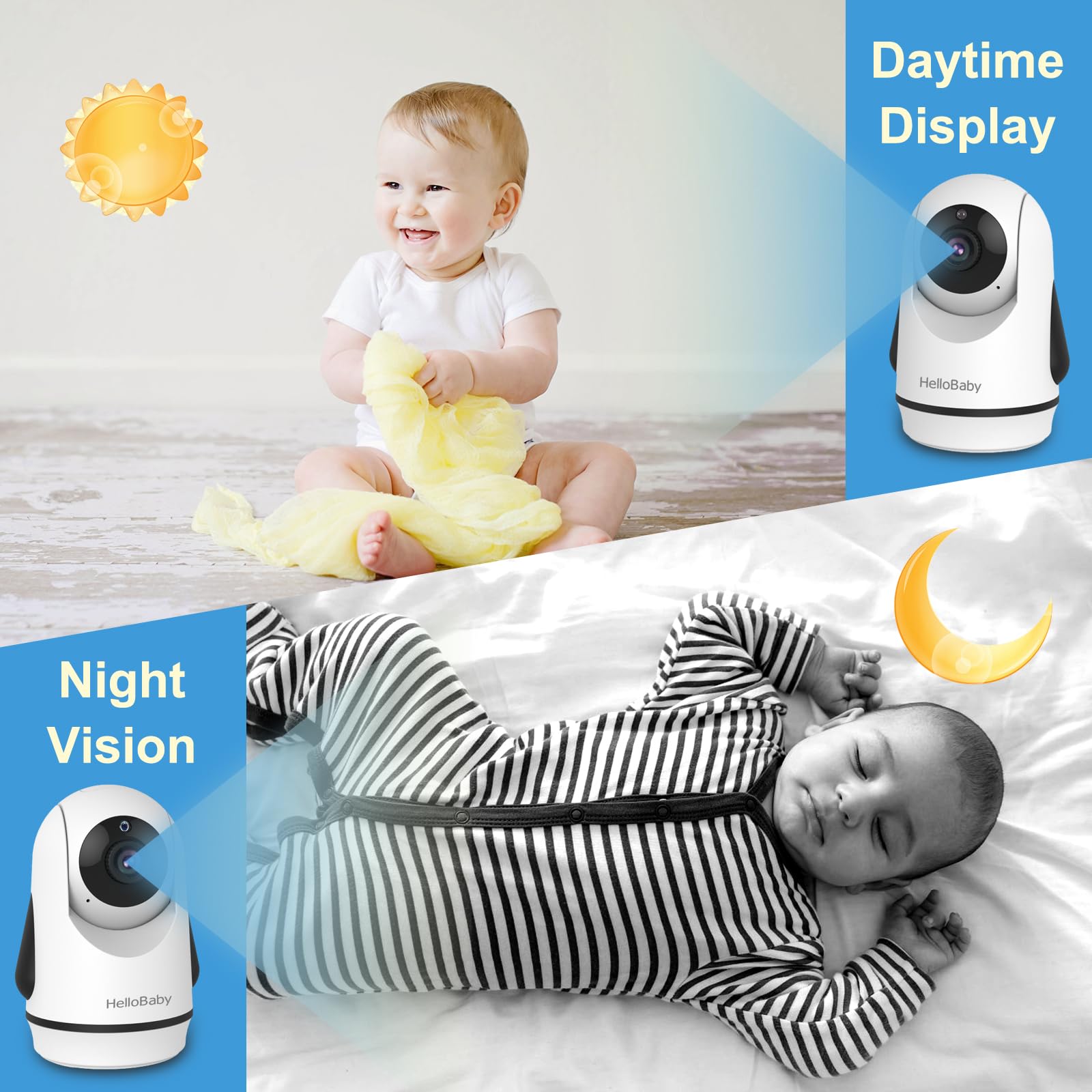 HelloBaby 318° pan and 120° tilt cover the whole room for complete view