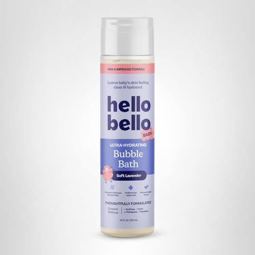 Hello Bello bubble bath bottle on nursery shelf suggesting comforting nightly routine.