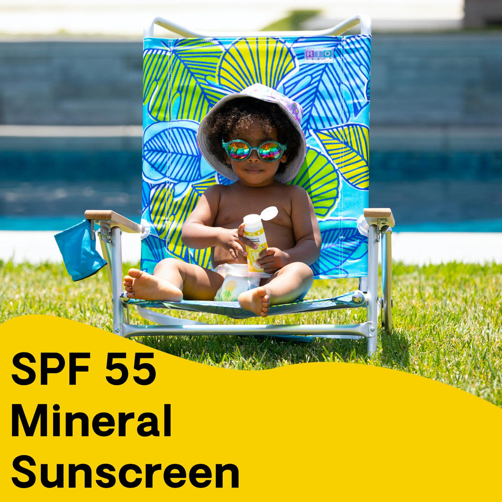 Hello Bello Mineral SPF 55 sunscreen lotion shows cocoa butter and avocado ingredients
