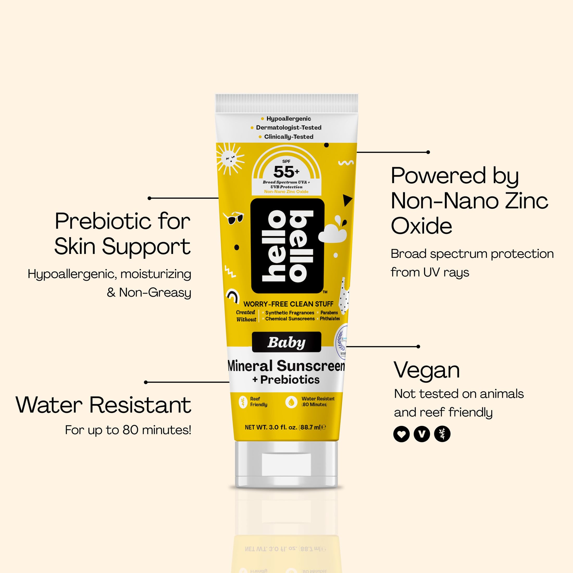 Hello Bello Mineral SPF 55 sunscreen lotion being used during water activity, 80-minute resistance