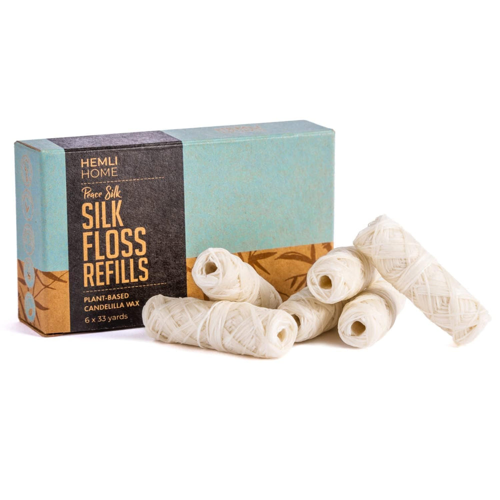 Hemli Home biodegradable silk dental floss refill six-pack with eco-friendly packaging