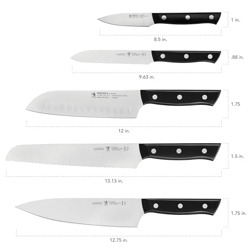HENCKELS Dynamic 5-inch serrated utility knife versatile cutting of soft interiors.