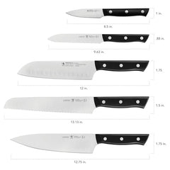 HENCKELS Dynamic 5-inch serrated utility knife versatile cutting of soft interiors.