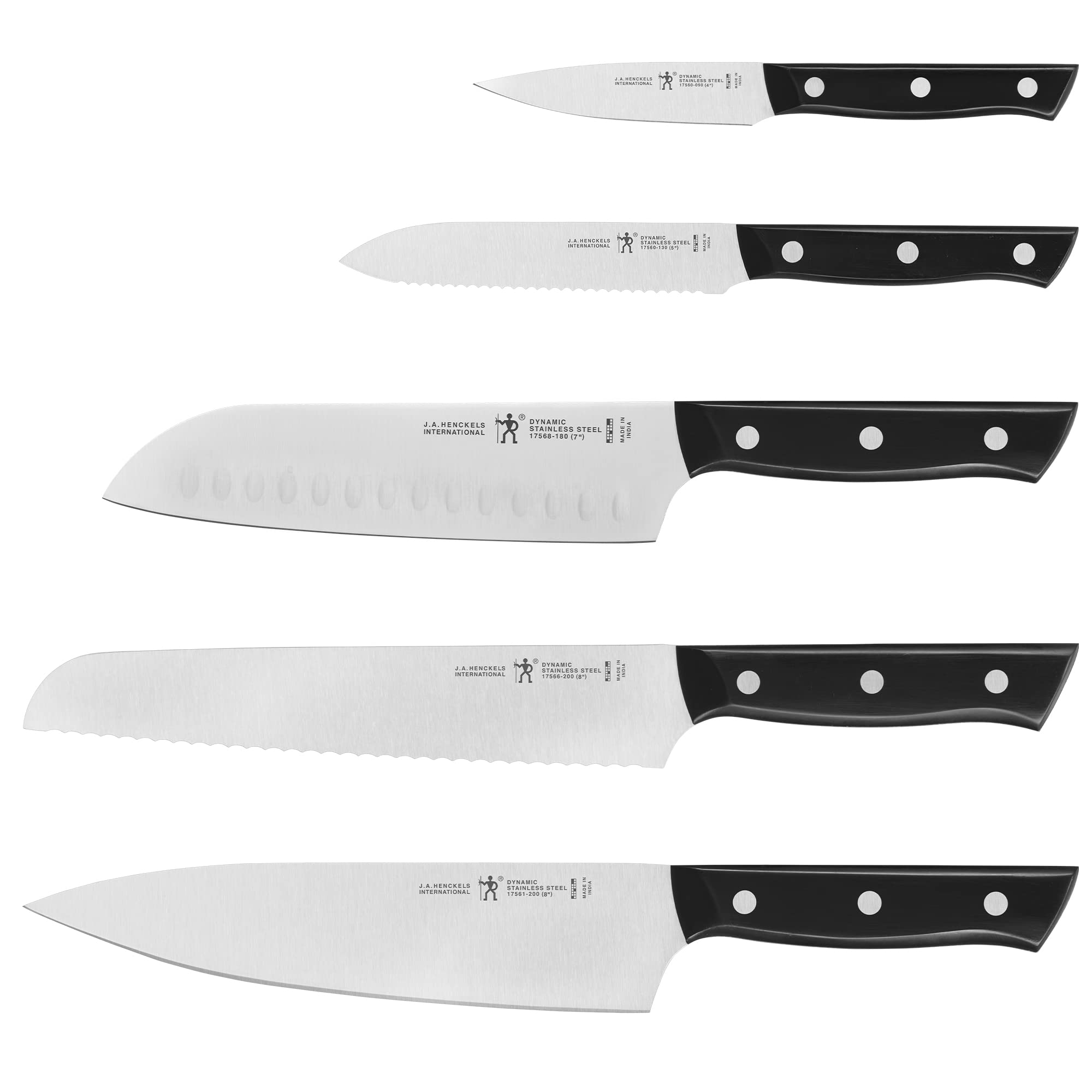 HENCKELS Dynamic 8-inch chef knife blade closeup shows razor-sharp edge for precise chopping.
