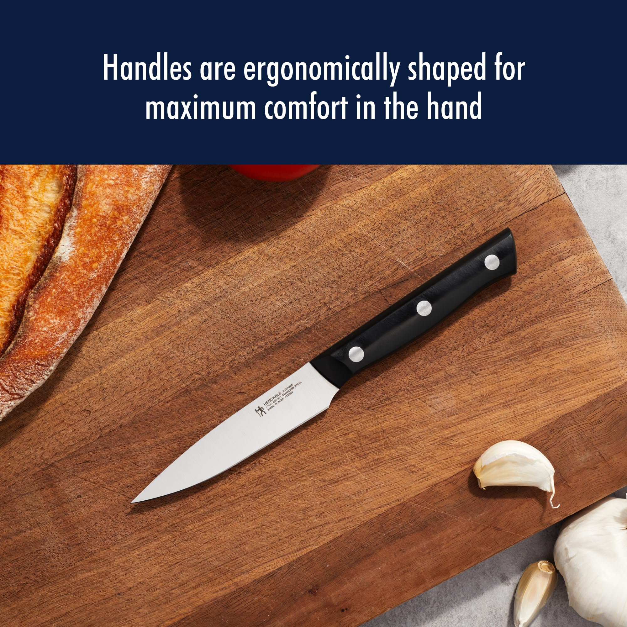 HENCKELS Dynamic blade closeup emphasizes durable single-piece construction.