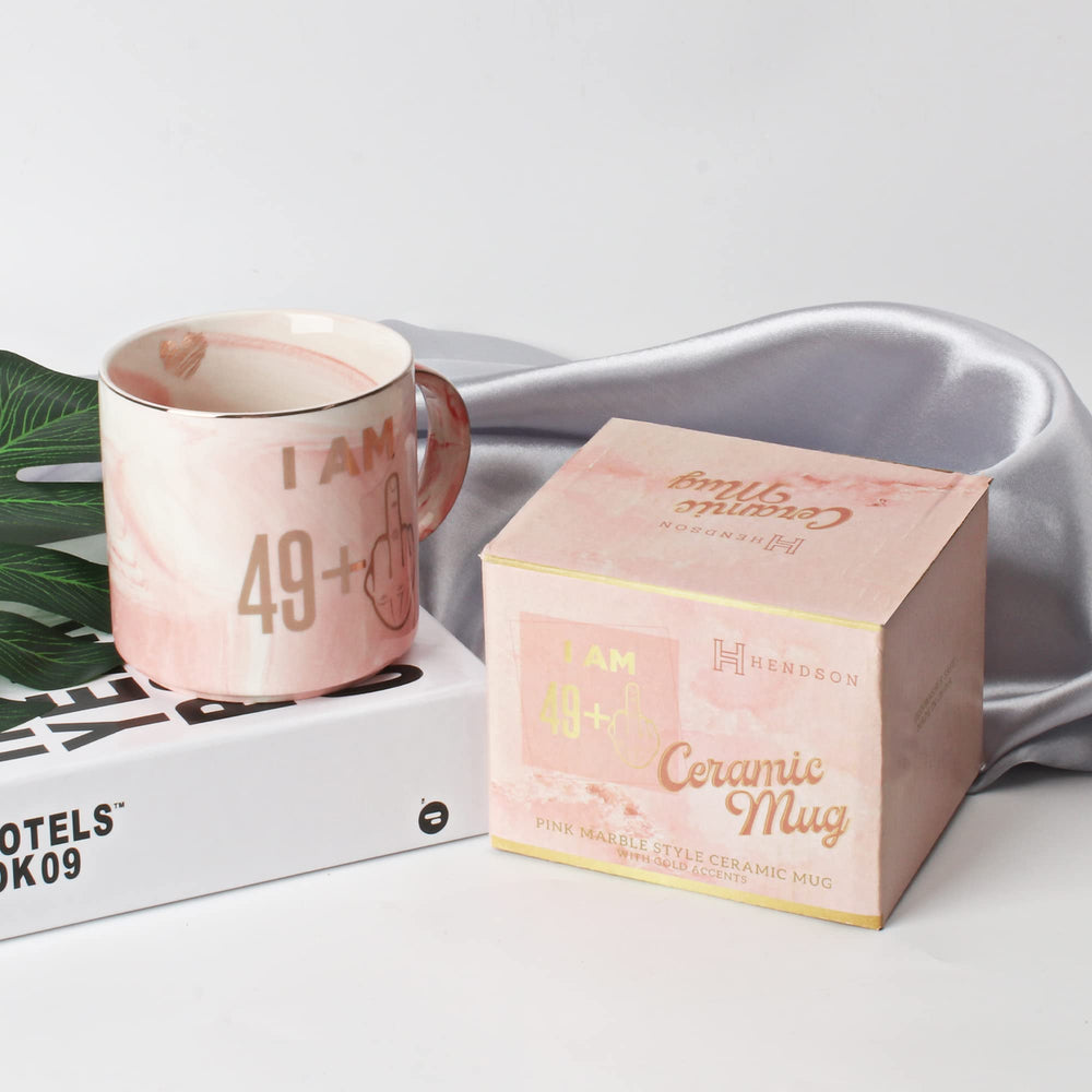Hendson pink marble mug showcasing 11.5oz capacity for satisfying sips