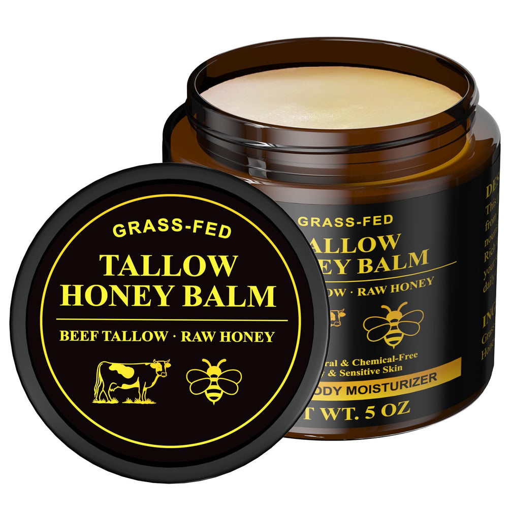 Henjaca Beef Tallow Balm jar replenishes moisture for soft, nourished skin.
