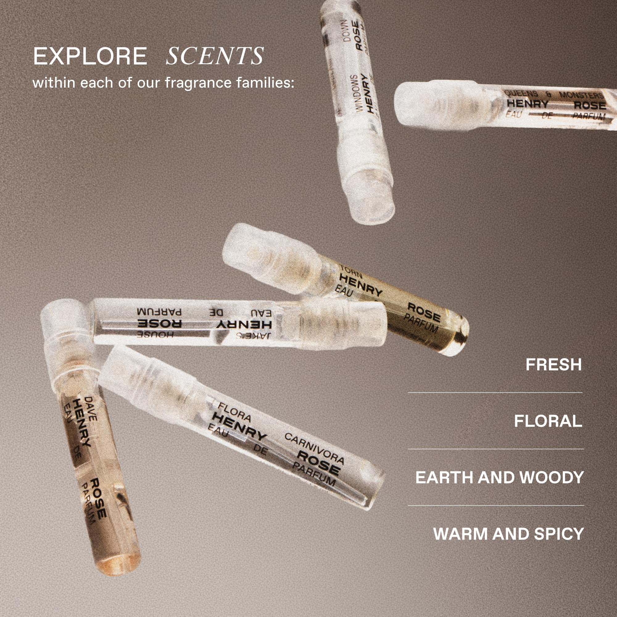 Henry Rose woody musk mini vial, versatile for unisex fragrance rotation.
