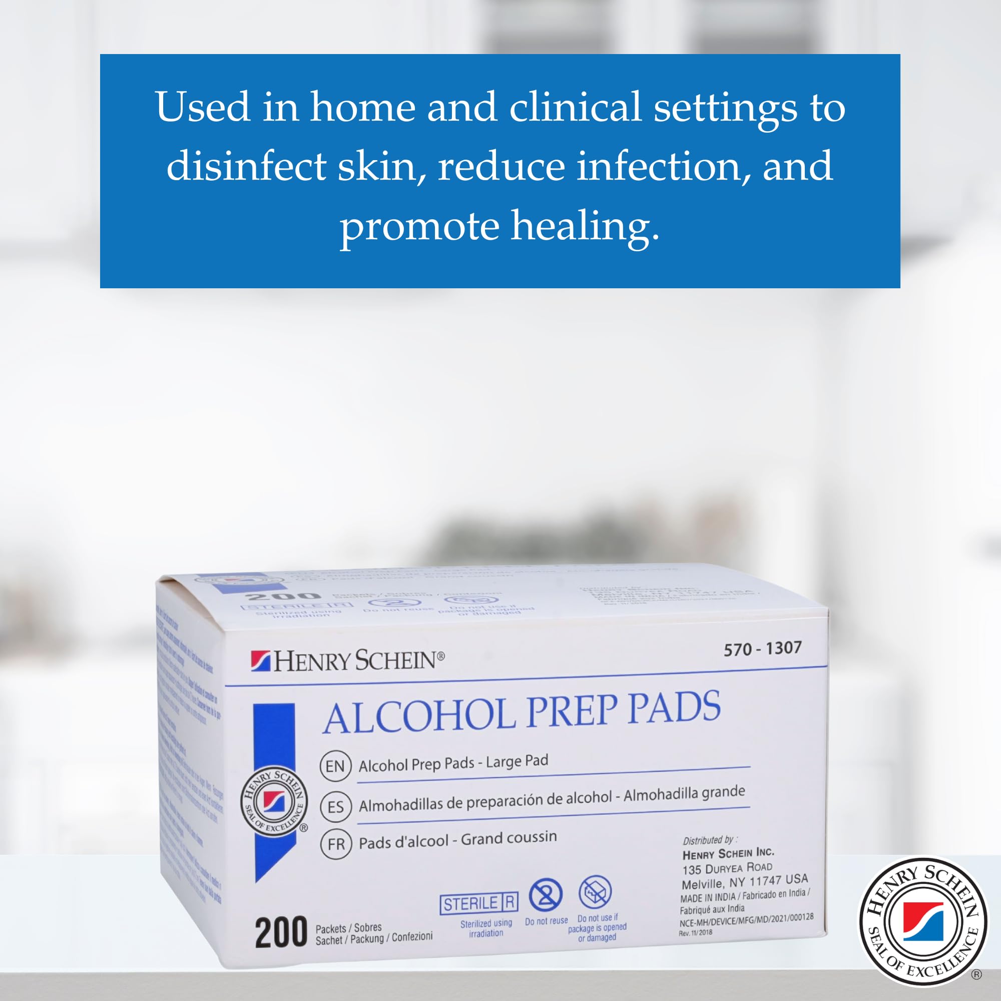 Henry Schein 70 percent IPA prep pad quickly cleans skin before procedures.
