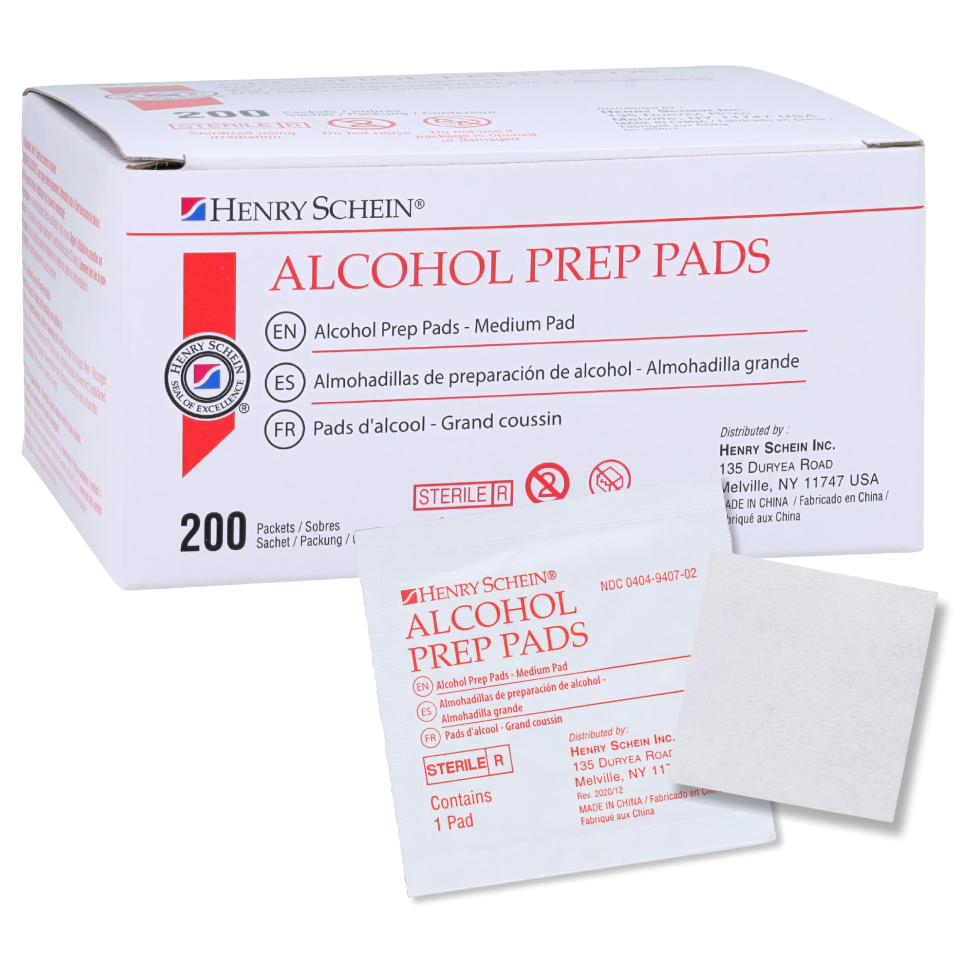 Henry Schein alcohol prep pads close-up showing compact size for precise skin cleansing tasks.
