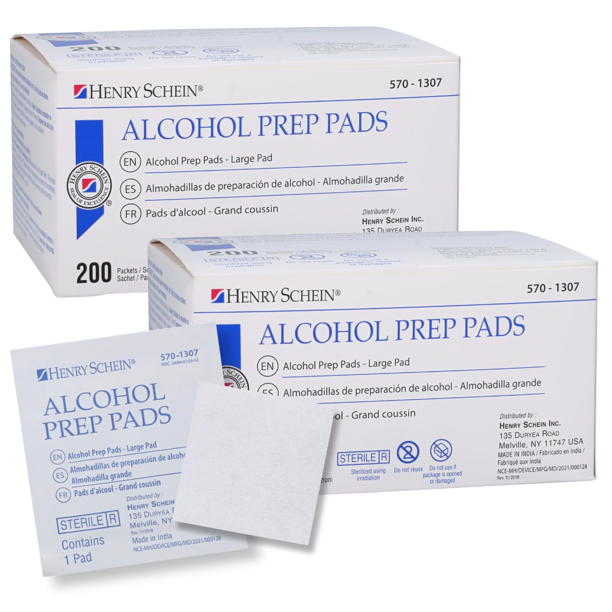 Henry Schein large alcohol prep pad packaging shows sterile, ready-to-use skin cleansing.
