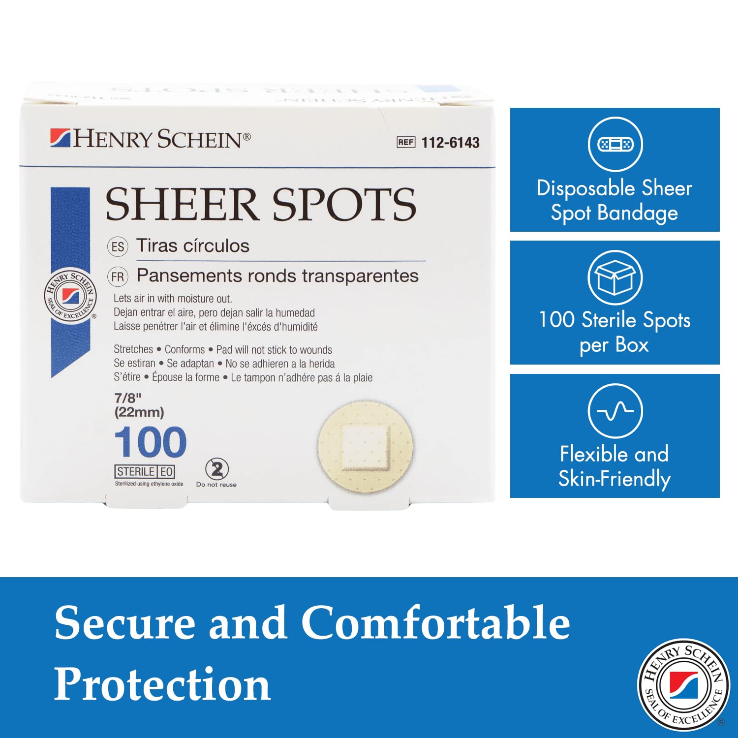Henry Schein latex-free hypoallergenic material designed for sensitive skin comfort.