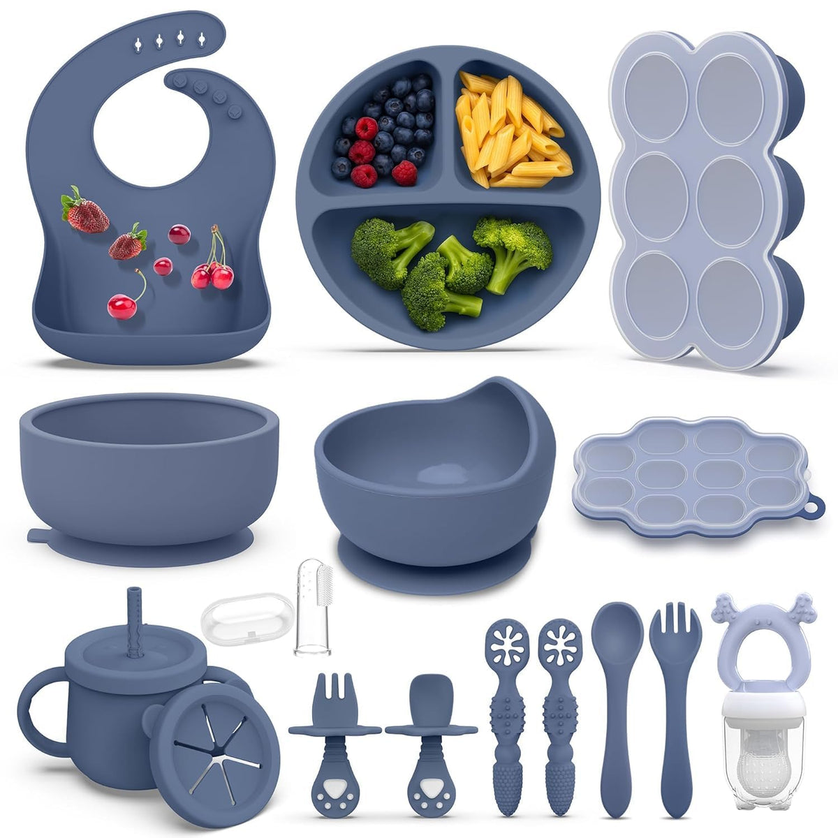 Hepotk 16-pack silicone baby feeding set blue collection, safe for non-toxic mealtime.