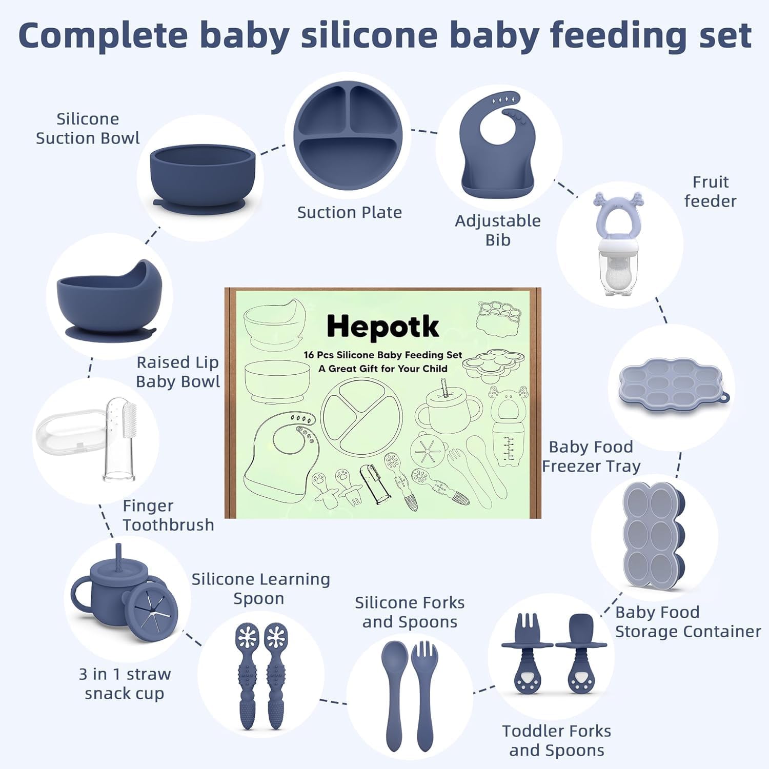 Hepotk adjustable silicone bib and tray simplify feeding time.