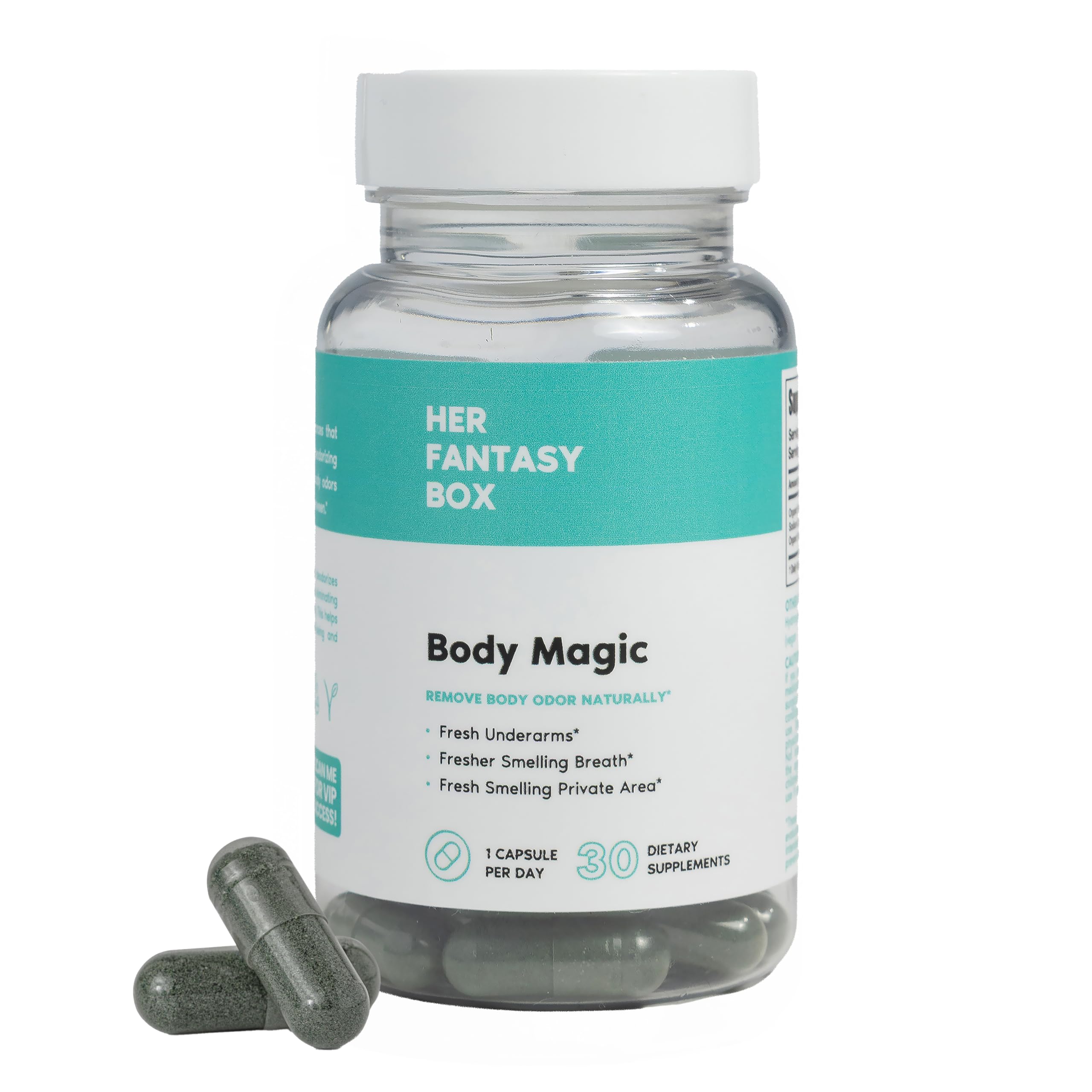 Her Fantasy Box Body Magic bottle close-up, natural detox support visualization
