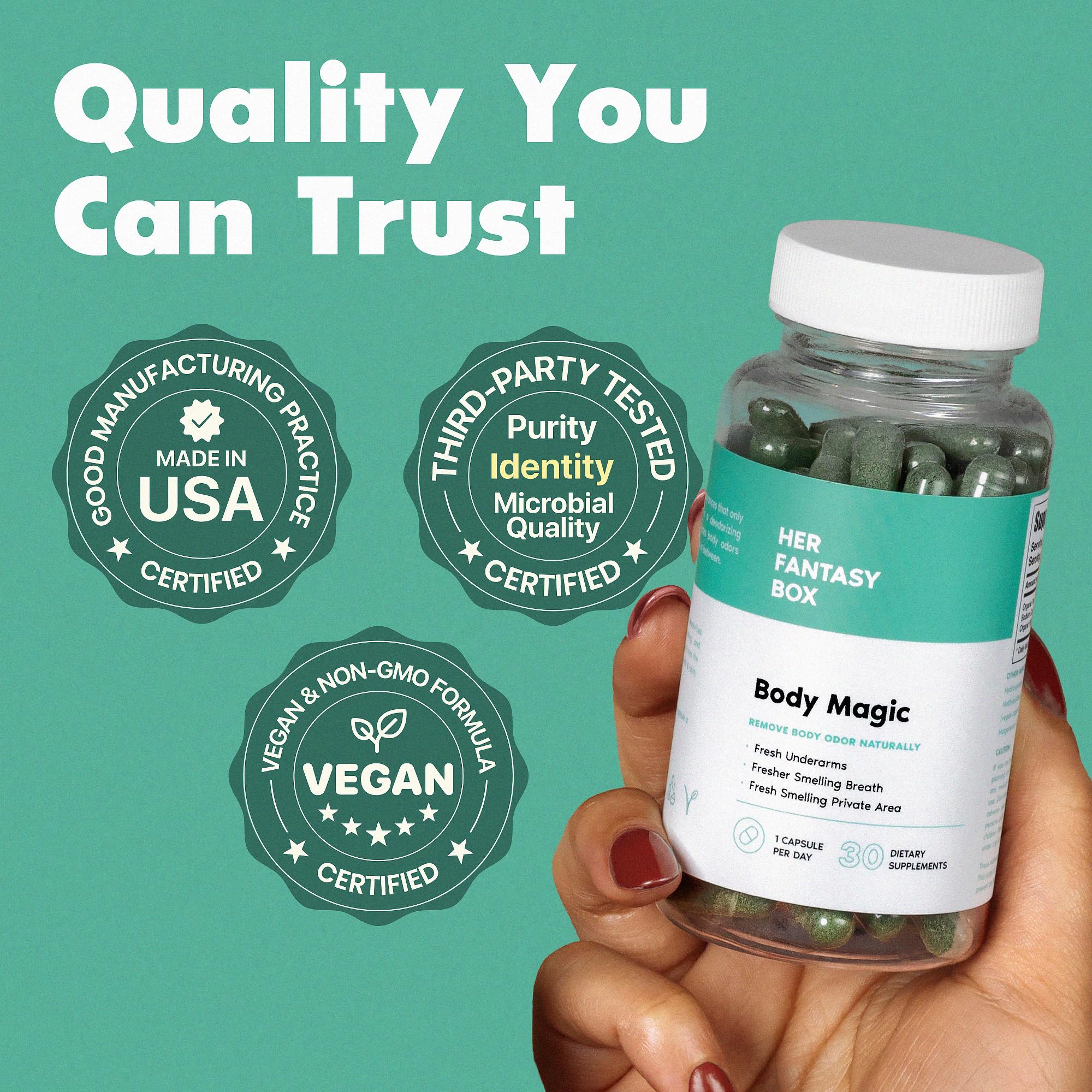 Her Fantasy Box Body Magic chlorophyll capsules, green formula clearly pictured