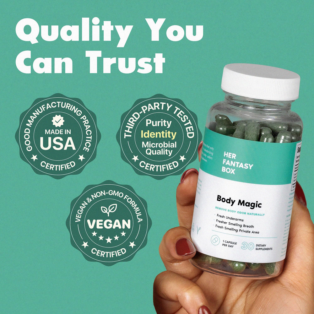 Her Fantasy Box Body Magic chlorophyll capsules, green formula clearly pictured